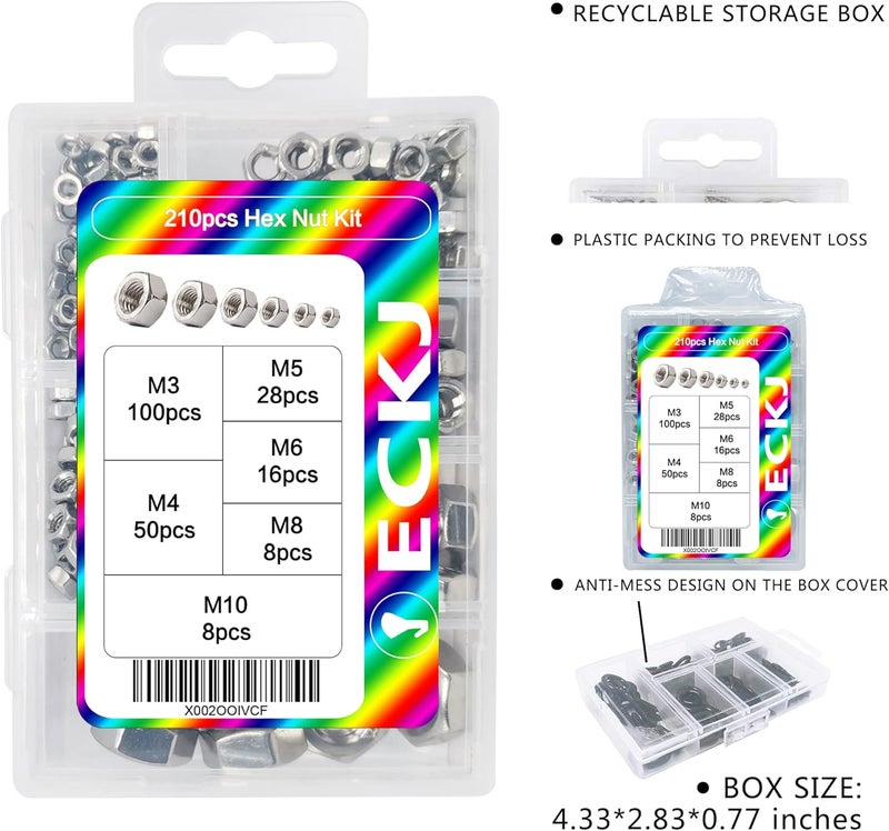 ECKJ 210PCS 304 Stainless Steel Hex Nuts Assortment Kit for Screw Bolt with 6 Sizes DIN 934 (M3 M4 M5 M6 M8 M10) Great Replacement Fasteners for Professionals, Repairmen or DIY, Meet Your Every Needs - Image 3